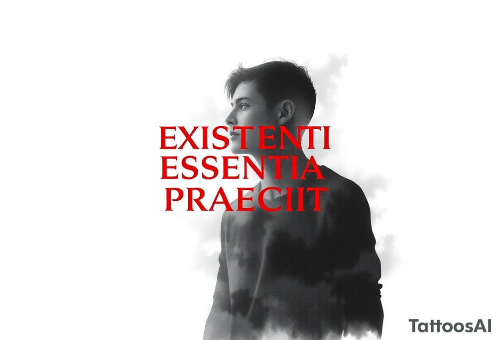 Create a blackwork tattoo design featuring a hazy, diffused human silhouette that appears to be emerging through a veil. Use shades of black and gray to suggest smoke or fog. Partially overlay the red text ‘EXISTENTIA ESSENTIAM PRAECEDIT’ onto the silhouette, making the letters partially covered by the figure. The overall mood should be minimalistic, mysterious, and conceptual, representing the existential notion that existence precedes essence.Create a blackwork tattoo design featuring a hazy, diffused human silhouette that appears to be emerging through a veil. Use shades of black and gray to suggest smoke or fog. Partially overlay the red text ‘EXISTENTIA ESSENTIAM PRAECEDIT’ onto the silhouette, making the letters partially covered by the figure. The overall mood should be minimalistic, mysterious, and conceptual, representing the existential notion that existence precedes essence. tattoo idea