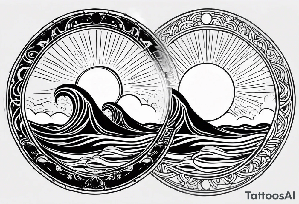 my sister's name Nėja and my mum's name Jūratė, I want to make a tattoo for them, I want to illustrate my sister as sun and my mum as ocean (wave or sea). My sister is very happy and always sunshine, my mum is strong and loves ocean. Made it in a circle. sun should radiate happy energy, ocean strong energy tattoo idea