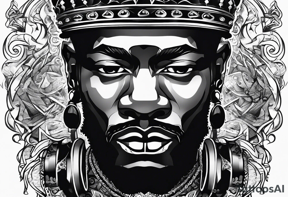 A black king surrounded by music tattoo idea