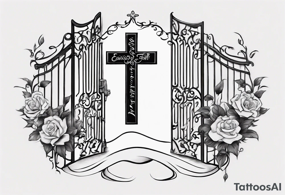 envision a horizontal placement of the quote “walk by faith, not by sight” with an elegant script font. Integrate a subtle stairwell leading to a delicate cross near the gates of heaven. This design captures the essence of the journey guided by faith. tattoo idea