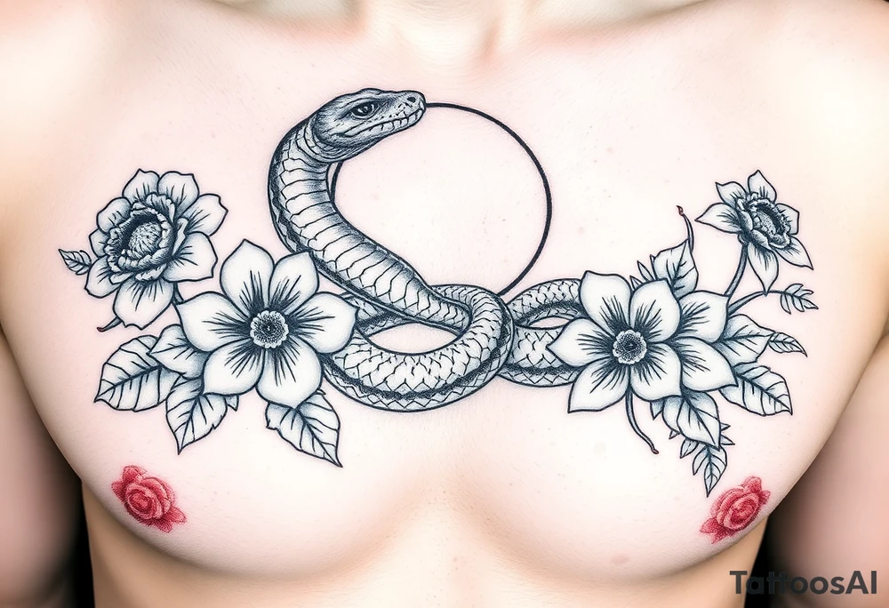 A snake slithering in different flowers with a quarter moon in the background tattoo idea