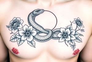 A snake slithering in different flowers with a quarter moon in the background tattoo idea