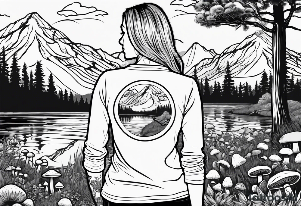 Whole picture encircled fully

Straight long blonde hair hippie girl in distance holding mushrooms in hand facing away toward mountains and creek surrounded by mushrooms long sleeve shirt and hiking pants; whole rendering within a full circle, no cut off circle tattoo idea