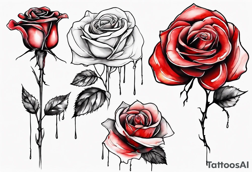 rose flower, one line, red blood dripping from the flower, tall, watercolor tattoo idea