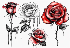 rose flower, one line, red blood dripping from the flower, tall, watercolor tattoo idea