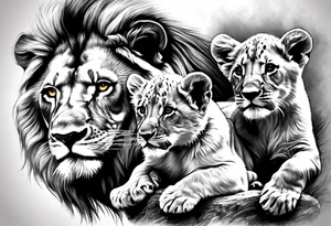 Lion overlooking 3 cubs tattoo idea