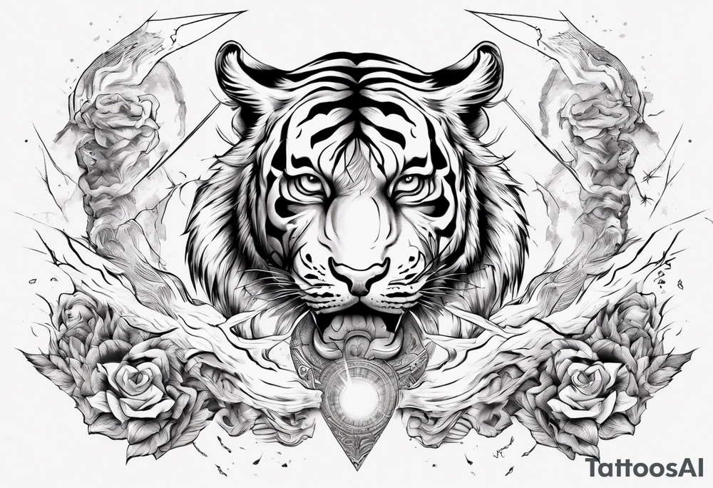 Ancient tiger with lightning and a sun for a forearm sleeve. With patterns surrounding it tattoo idea