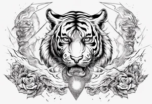 Ancient tiger with lightning and a sun for a forearm sleeve. With patterns surrounding it tattoo idea