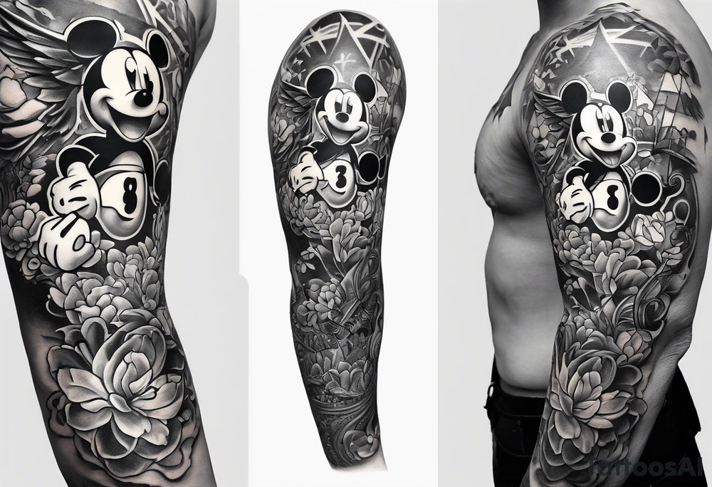 Tattoo full left arm with a collage of a medicine caduceus and a mickey mouse silhouette tattoo idea
