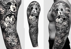 Tattoo full left arm with a collage of  a medicine caduceus and a mickey mouse silhouette tattoo idea