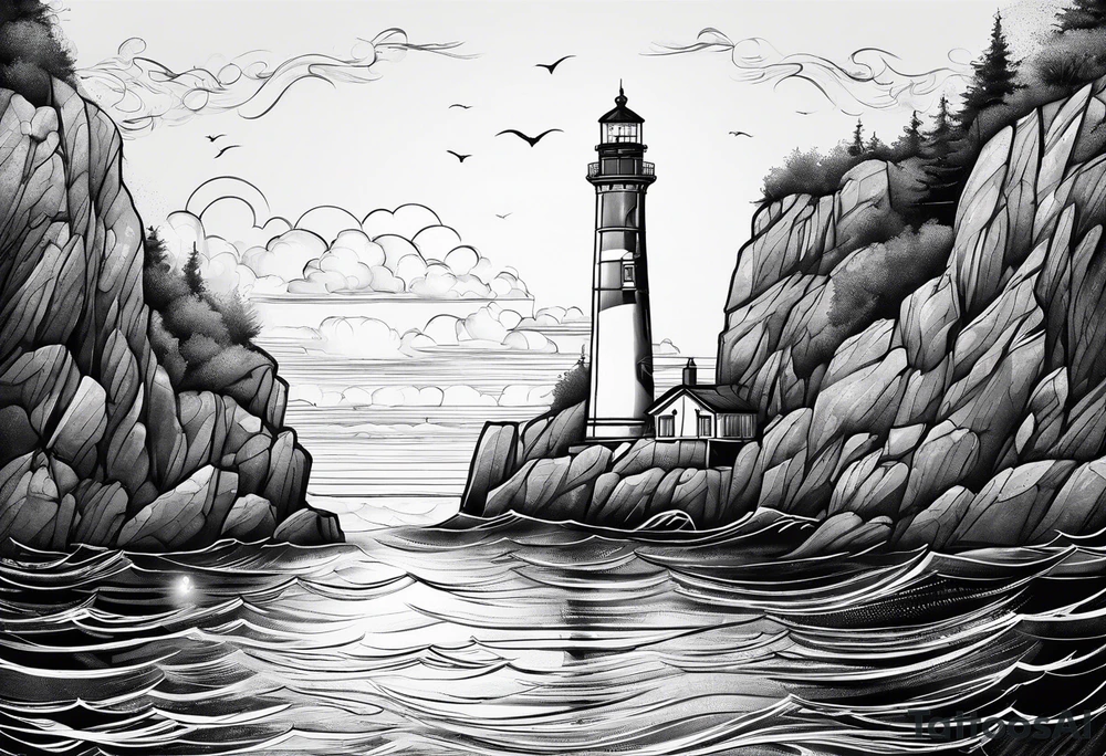 maritime lighthouse partially hidden by its large fixed sail. calm sea reflection. tattoo idea