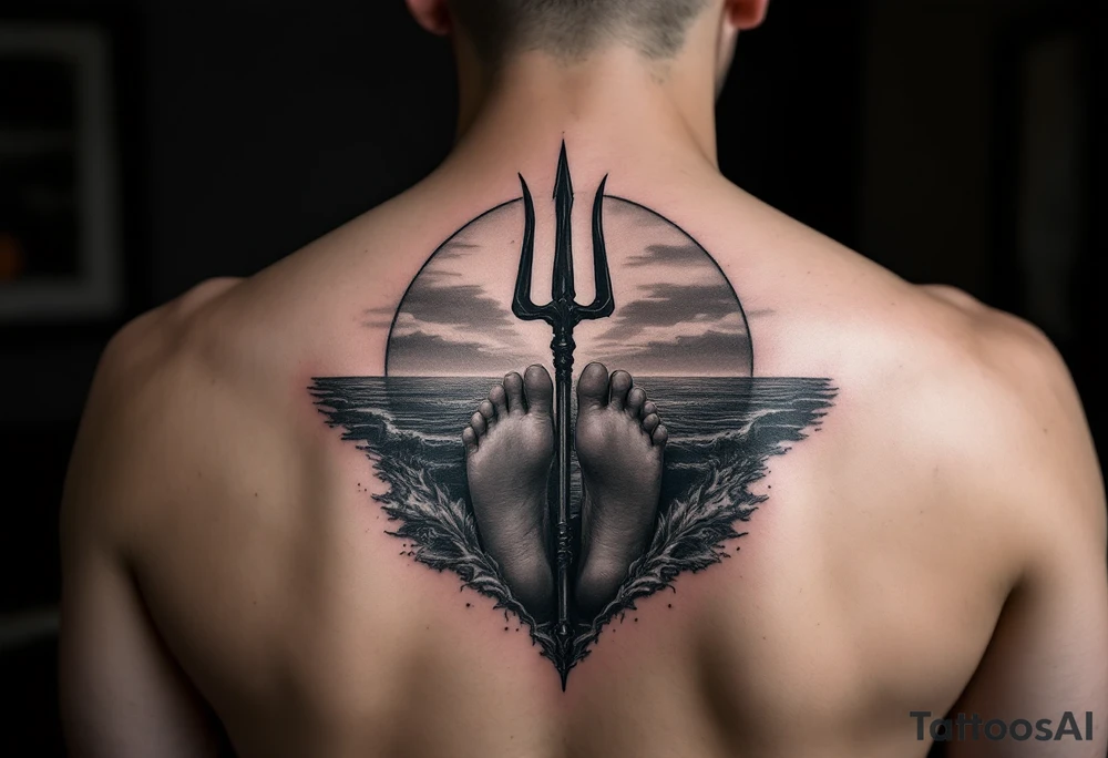 barefeet behind trident with water and sunset tattoo idea