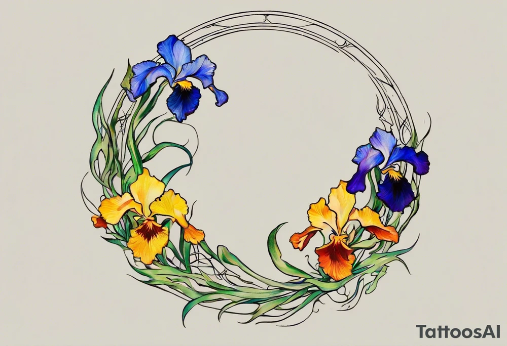 Create a small colorful Vincent van Gogh Irises tattoo in the form of a crescent, with vines gracefully intertwining at a central point in the middle of the wreath. The intended placement is on the upper chest. The overall design should be small in size while maintaining a delicate and artistic aesthetic. Pay attention to the graceful flow of the vines and the placement of the irises to achieve a refined and elegant look. tattoo idea