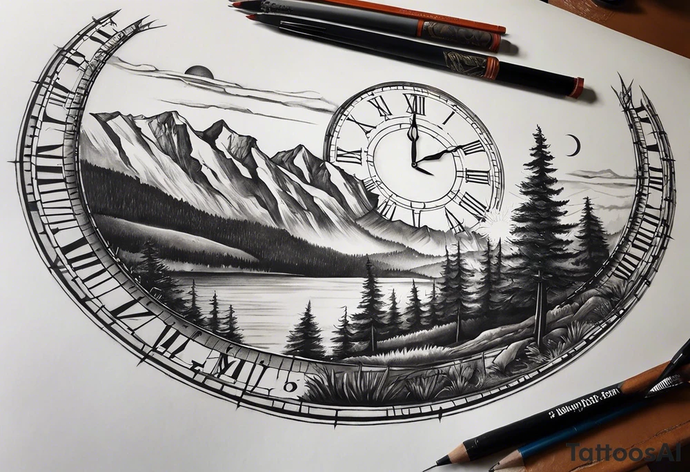 Half sleeve. View from the base of the mountains looking up to the sun. The sun is a clock that reads 12:01 to signify a new day. I want a clock tower in the middle of the mountains with the times my two sons were born. This tattoo represents overcoming massive obstacles and becoming a better person. tattoo idea