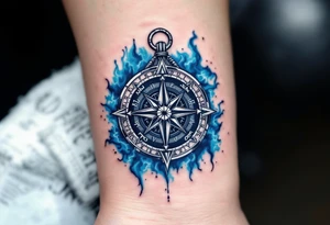 A white runic compass (Vegvísir) inked with fine black details and surrounded by stormy blue mist. tattoo idea