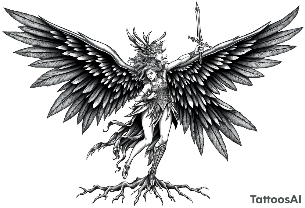 A fierce looking Valkyrie with very big dark wings. The whole body with legs should be visible.
She has armor.
She is flying towards the right, sword held high

She is screaming.
She is standing on roots tattoo idea
