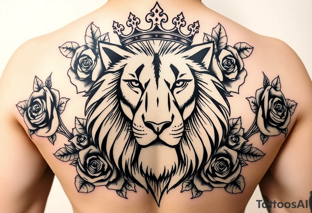 powerful majestic lion with a crown, surrounded by floral ornaments and roses tattoo idea