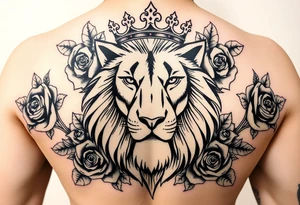 powerful majestic lion with a crown, surrounded by floral ornaments and roses tattoo idea