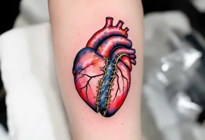 An anatomical heart torn in half, with golden stitches holding it together, signifying resilience and recovery. tattoo idea