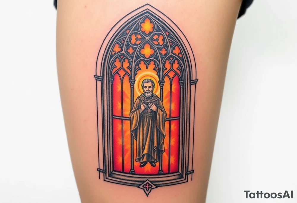 A gothic cathedral window with Saint Wenceslas inside, glowing with rich reds and golds, symbolizing Czech history and faith. tattoo idea