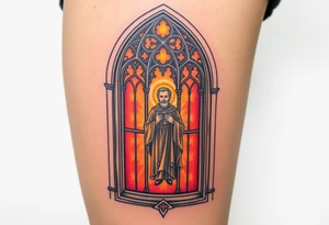 A gothic cathedral window with Saint Wenceslas inside, glowing with rich reds and golds, symbolizing Czech history and faith. tattoo idea