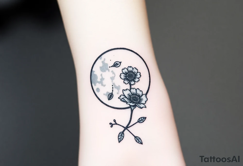 Small black and white tattoo full moon with small chrysanthemum and tiny scorpio gliph inside moon tattoo idea