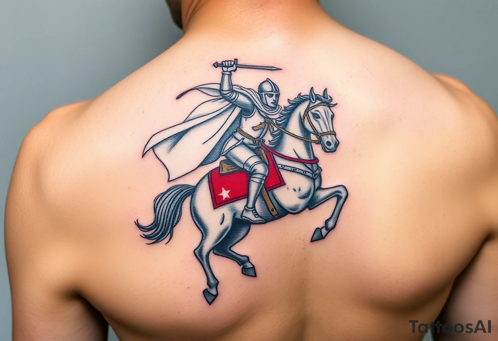 A mounted Templar knight charging into battle, his white cape billowing behind him, sword raised high, and his warhorse adorned with a red and white caparison tattoo idea