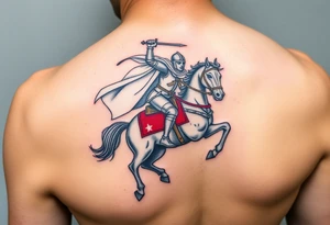 A mounted Templar knight charging into battle, his white cape billowing behind him, sword raised high, and his warhorse adorned with a red and white caparison tattoo idea