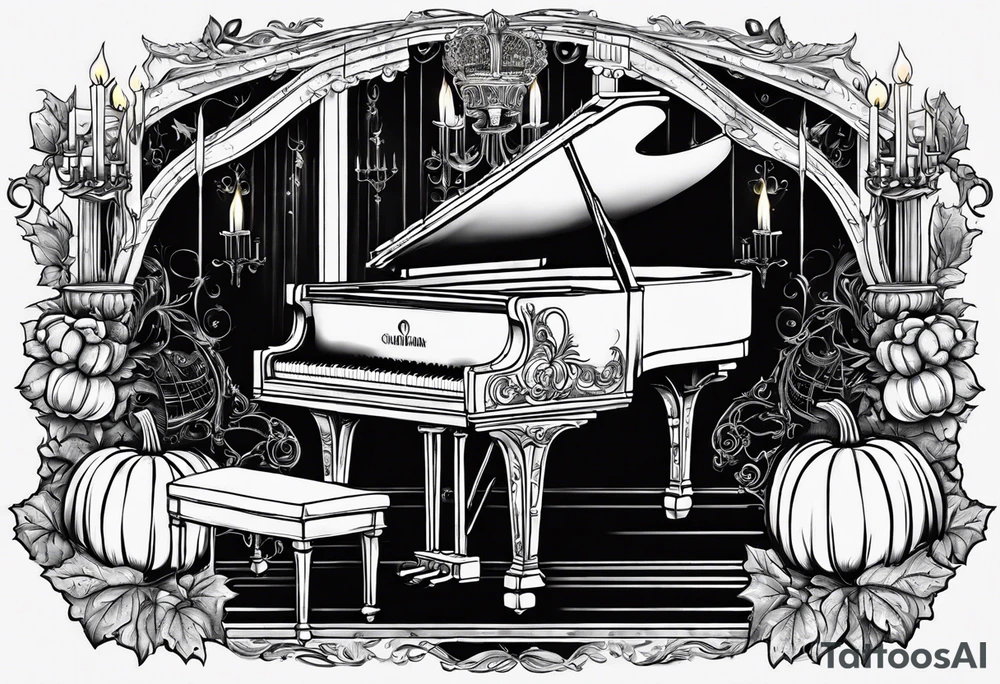 Skeleton playing a pumpkin grand piano with a candelabra sitting on the top in a cob webbed theater tattoo idea