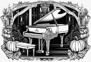 Skeleton playing a pumpkin grand piano with a candelabra sitting on the top in a cob webbed theater tattoo idea