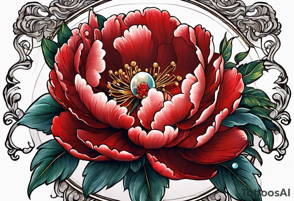 Red peony with dangling pearl necklace and rabbit tattoo idea