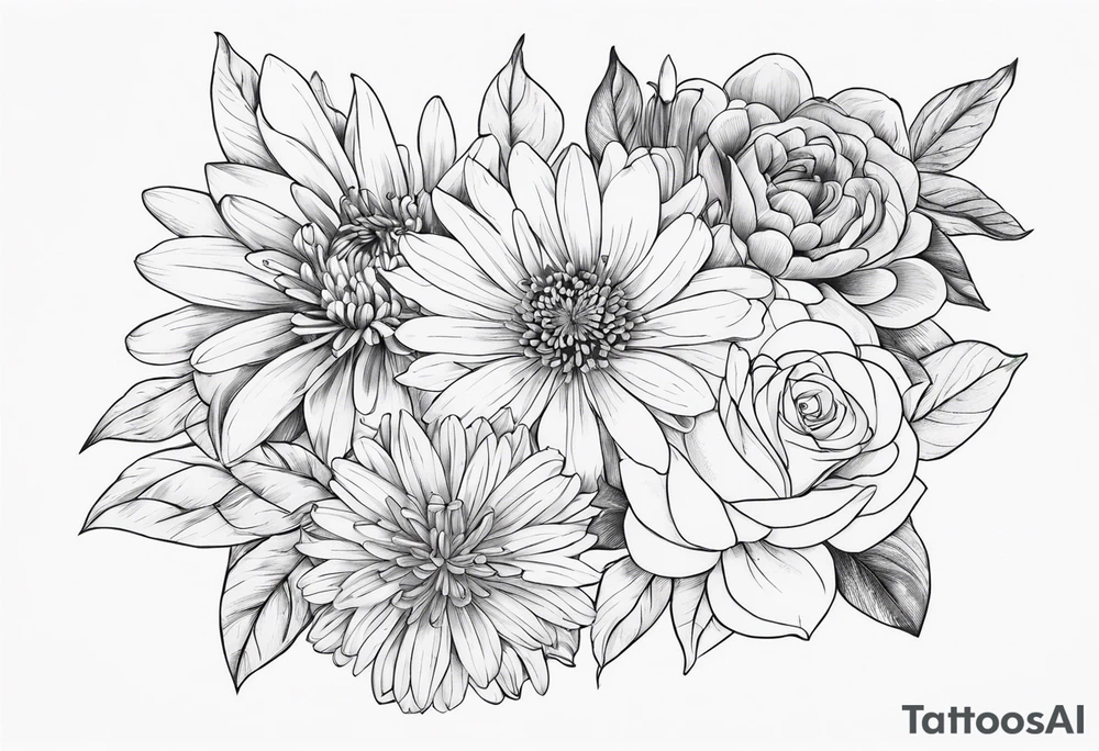Asters, roses, lillies, and chrysanthemums in a long line tattoo idea