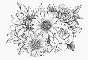 Asters, roses, lillies, and chrysanthemums in a long line tattoo idea