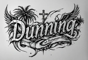 Dunning, Romanian theme with palm trees, cross,angels tattoo idea