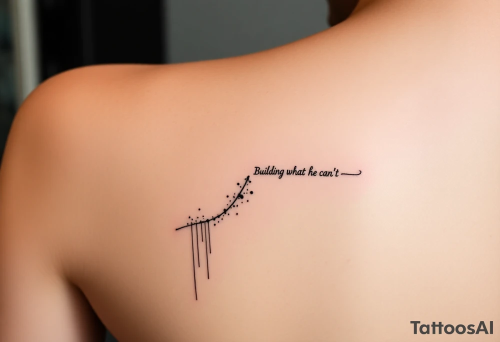 inimalist black-ink forearm tattoo symbolizing father and son, legacy, and continuation of unfinished dreams. Design features a single, rising abstract line or path starting faint/fragmented at the bottom (representing the father’s unfinished work) and growing solid and strong as it rises (representing the son carrying the legacy forward). Include subtle particle-like lines or dots flowing upward along the path, symbolizing the father’s presence and guidance. Optionally, integrate small, elegant text: “Building what he couldn’t”. Style: clean, minimalistic, fine-line black ink only, simple but meaningful composition for forearm placement, focusing on legacy, guidance, and emotional depth. tattoo idea