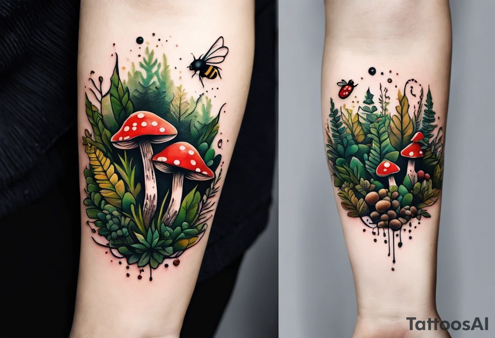 minimalistic forest floor inspired tattoo, which includes grass, moss, curly ferns and dead leaves as the bulk of the tattoo. details to include: forest berries, couple of very small brown mushrooms, a tiny bumblebee flying nearby tattoo idea