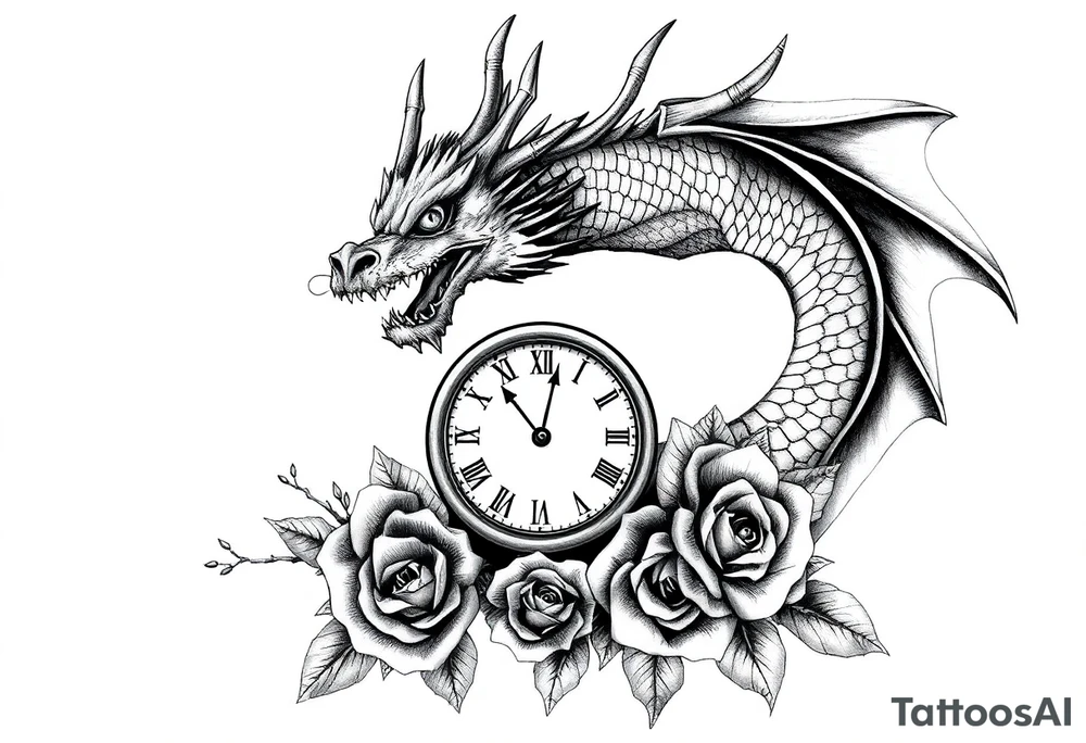 Horror dragon tattoo with clock, dollars and roses on background tattoo idea