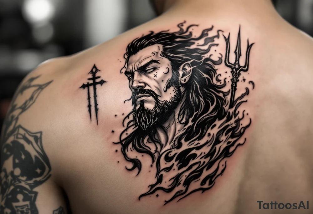 man with a trident, surrounded by fire and water tattoo idea
