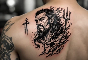 man with a trident, surrounded by fire and water tattoo idea