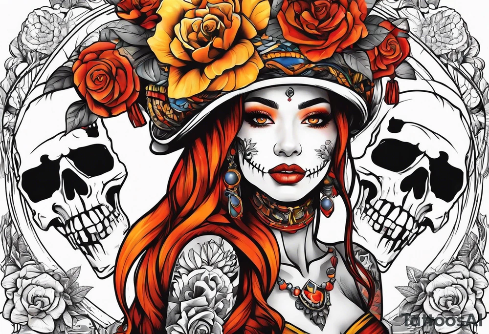 Orange, red, yellow primary colors.  Woman with skeleton head piece tattoo idea