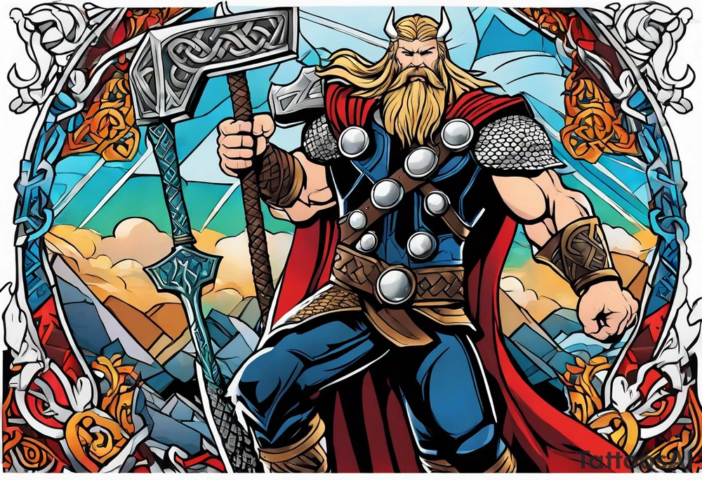Thor in color with him holding mjolnir and a vignette of viking rune design tattoo idea