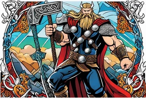 Thor in color with him holding mjolnir and a vignette of viking rune design tattoo idea