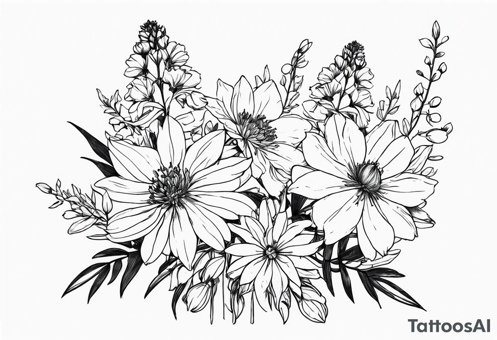 Aster and  delphinium tall bouquet tattoo idea