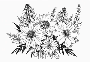 Aster and  delphinium tall bouquet tattoo idea