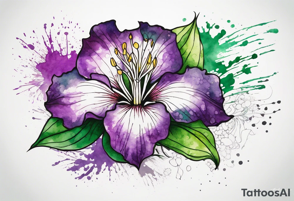 An outline of a rio dipladenia flower with a green and purple watercolor blotch splatter in the background tattoo idea