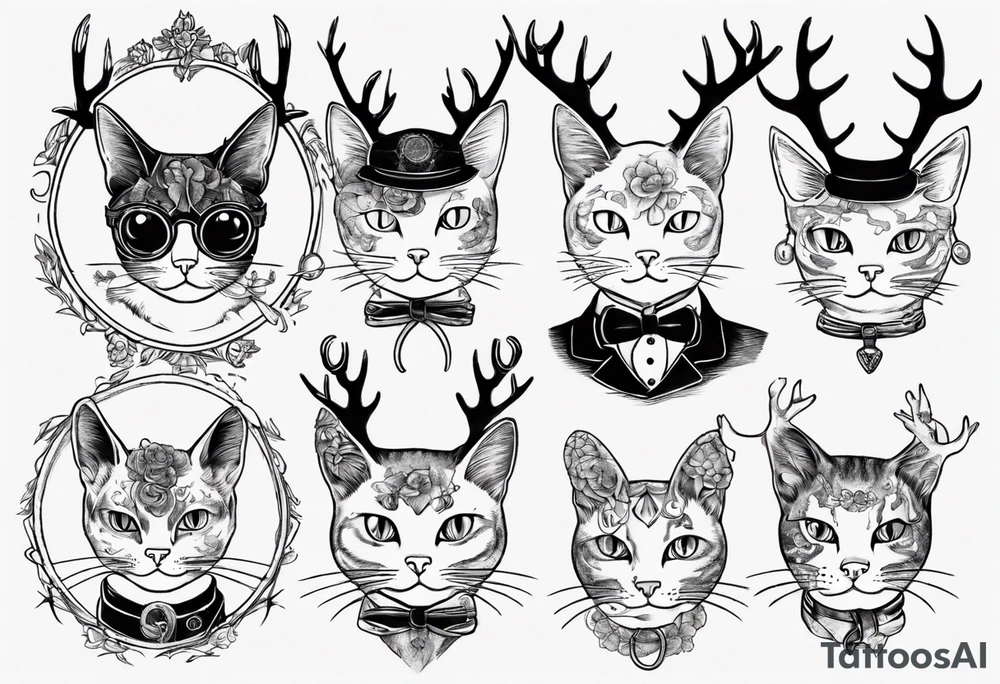 A cat with antlers and wearing a monocle tattoo idea