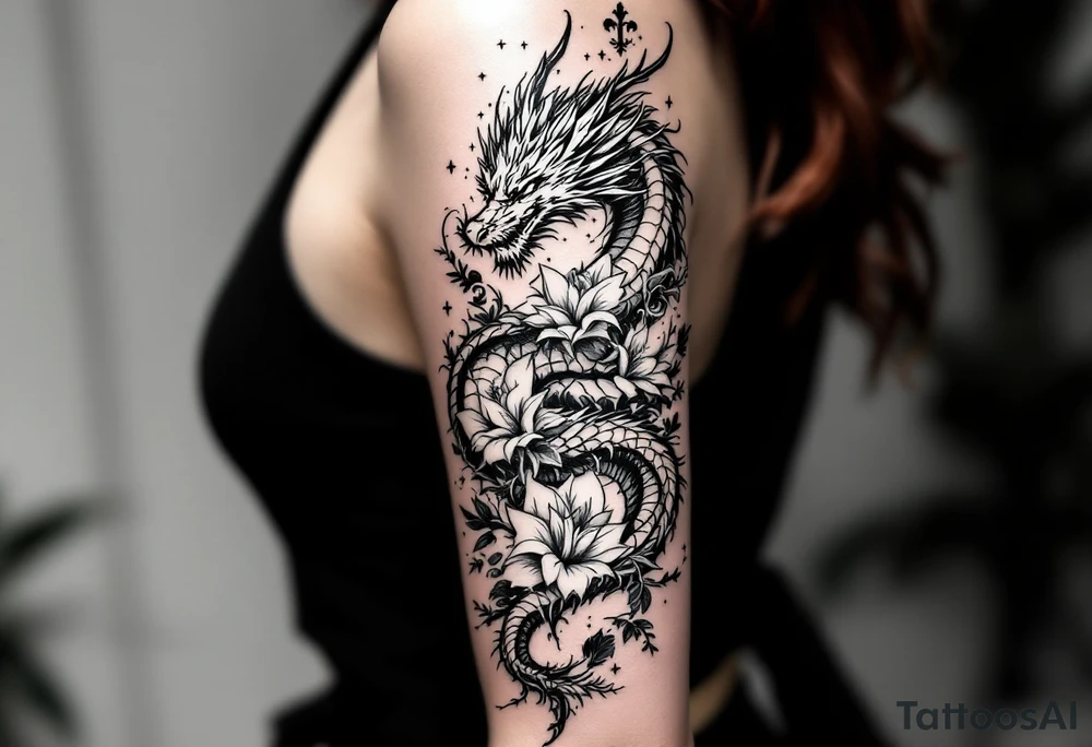 un dragon central entouré de fleurs de lys tattoo idea