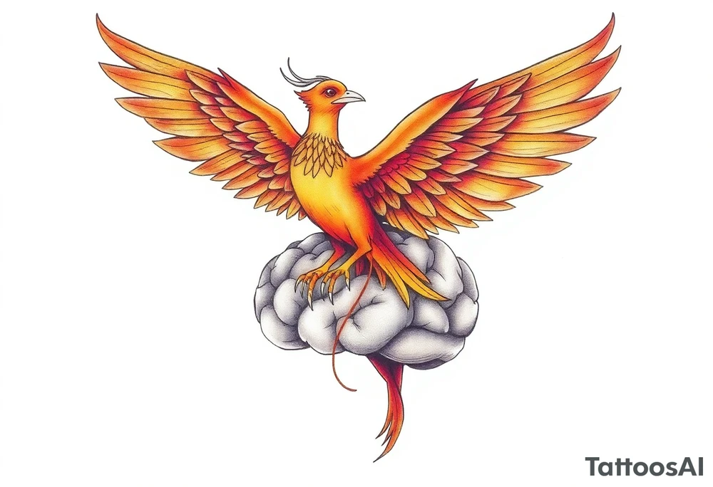 A phoenix flying out of a brain colorful tattoo idea