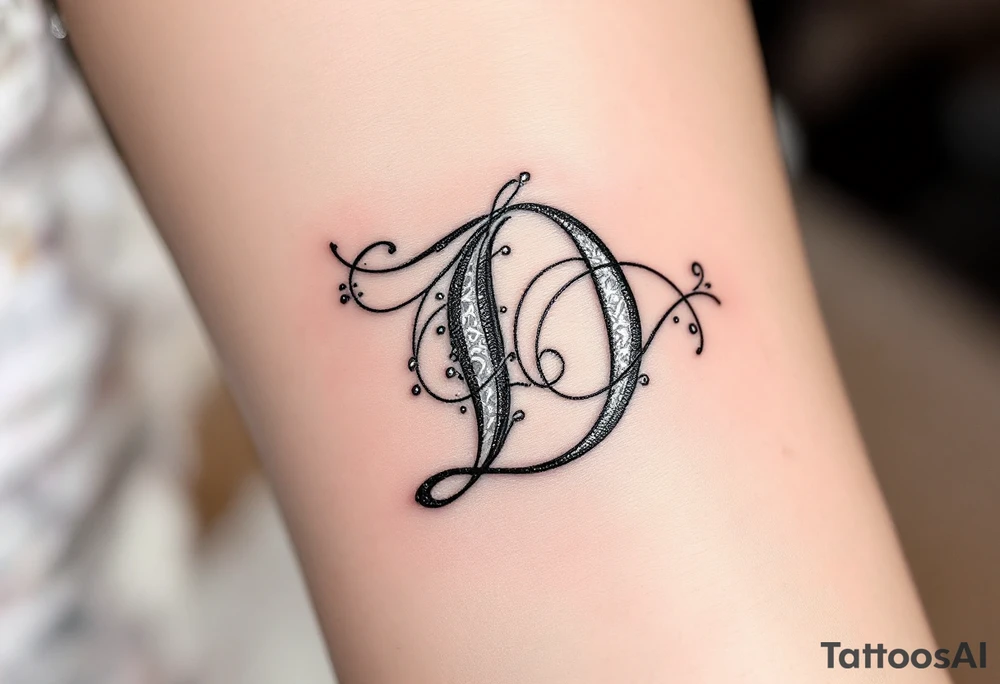 Elegant Script D – A flowing cursive letter D in black ink with delicate silver filigree details wrapping around the curves. tattoo idea