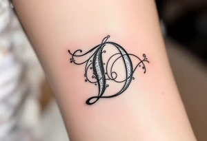 Elegant Script D – A flowing cursive letter D in black ink with delicate silver filigree details wrapping around the curves. tattoo idea